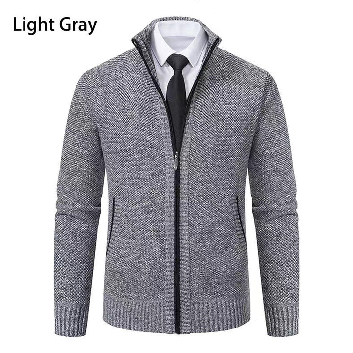 Men's melange knit zip jacket with high stand-up collar, fine texture and concealed side pockets Mune Fashion