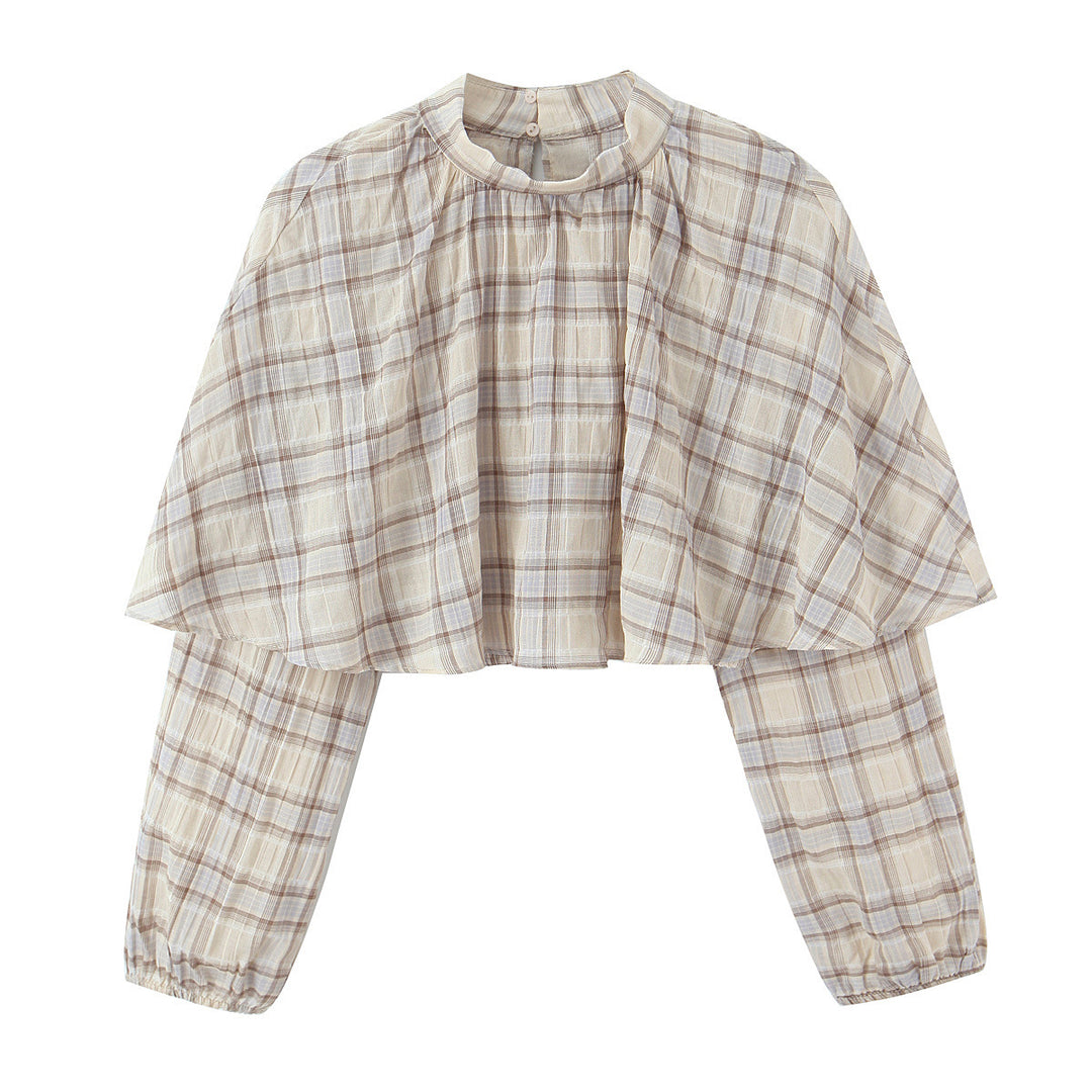Women's Cropped Blouse Top with Cape Overlay and Stand-Up Collar Mune Fashion