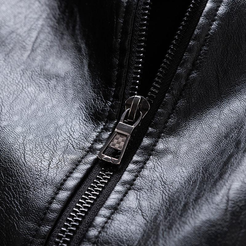 Men's Faux Leather Bomber Jacket with Ribbed Cuffs and Concealed Zipper Pockets Mune Fashion