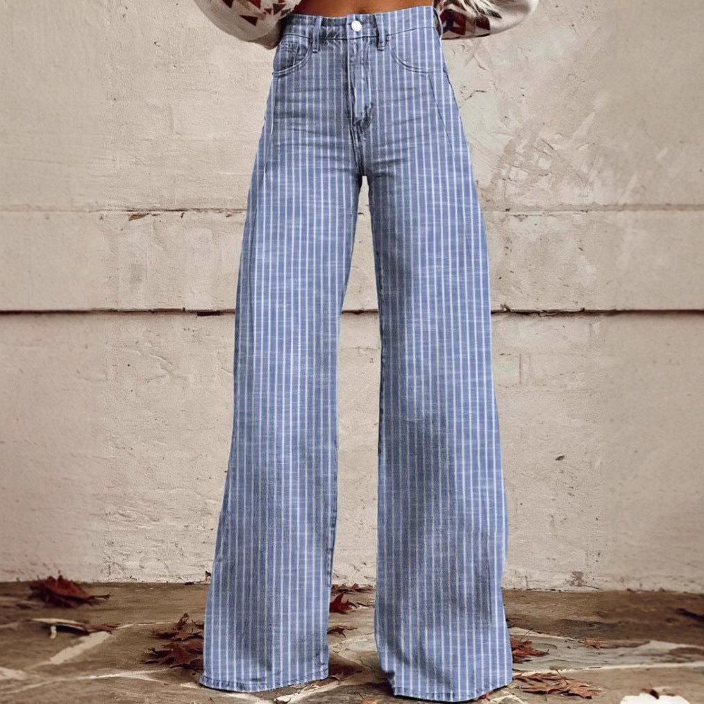 Women's wide trousers with a high waistband in linen look and vertical pinstripes flared trousers Mune Fashion