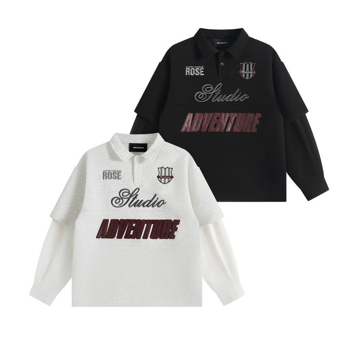Women Layered Look Sweatshirt with Polo Collar and Patch Embroidery Mune Fashion