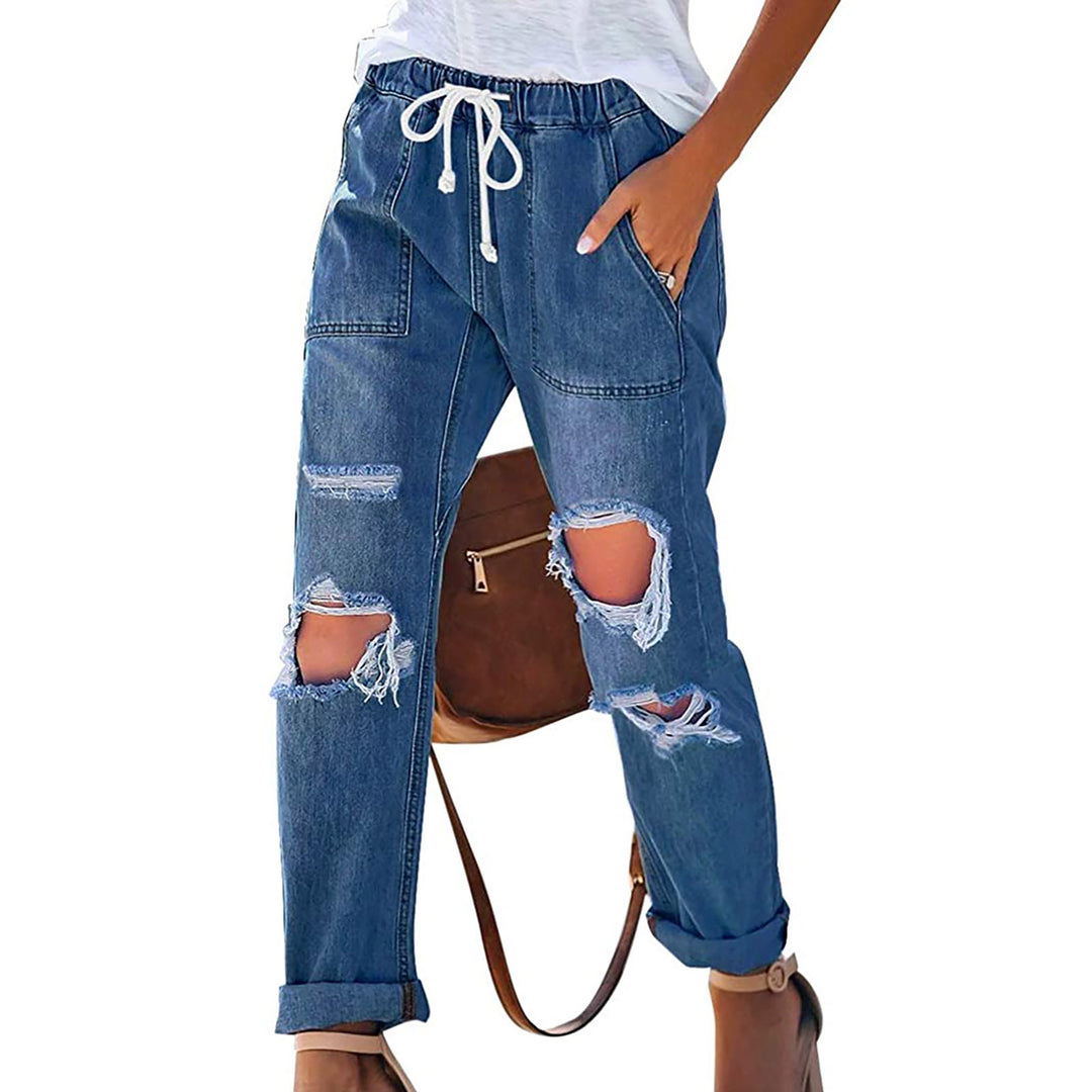 Women's casual destroyed denim jogger with elastic drawstring waistband and patch front pockets Mune Fashion