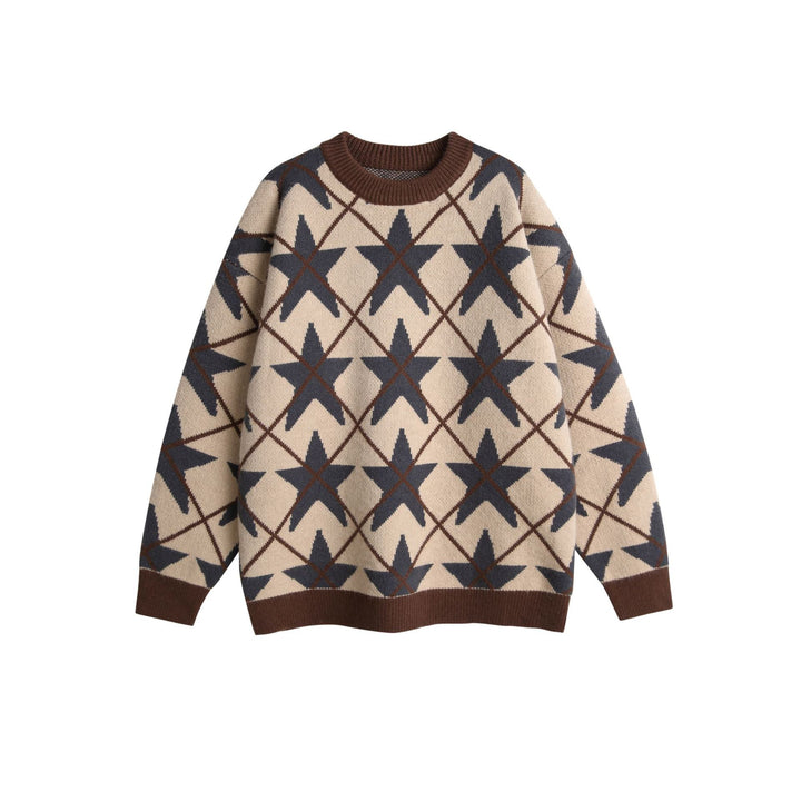 Unisex Chunky Knit Crew Neck Sweater with Star Jacquard Mune Fashion