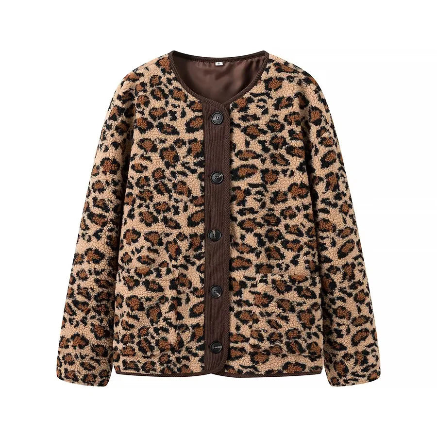 Women's teddy jacket with leopard print button closure and cord trim Mune Fashion