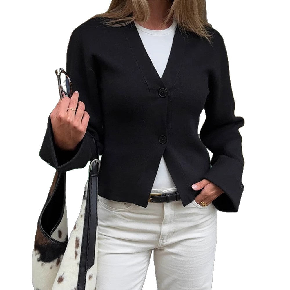 Women's Tailored Fine Knit Jacket with Deep V-Neck and Wide Cuffs Mune Fashion