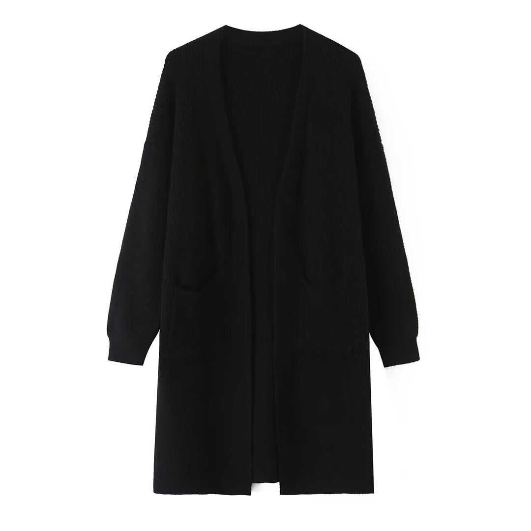 Ladies Longline Knit Cardigan with Patch Pockets and Open Front Mune Fashion