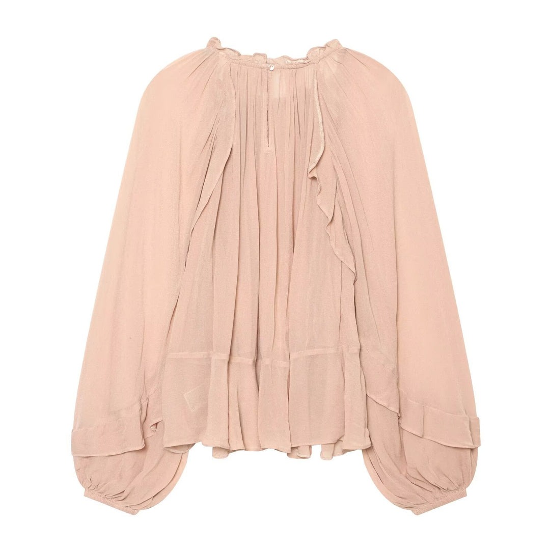 Ladies Ruched Pleated Chiffon Blouse with Stand Collar and Balloon Sleeves Drune