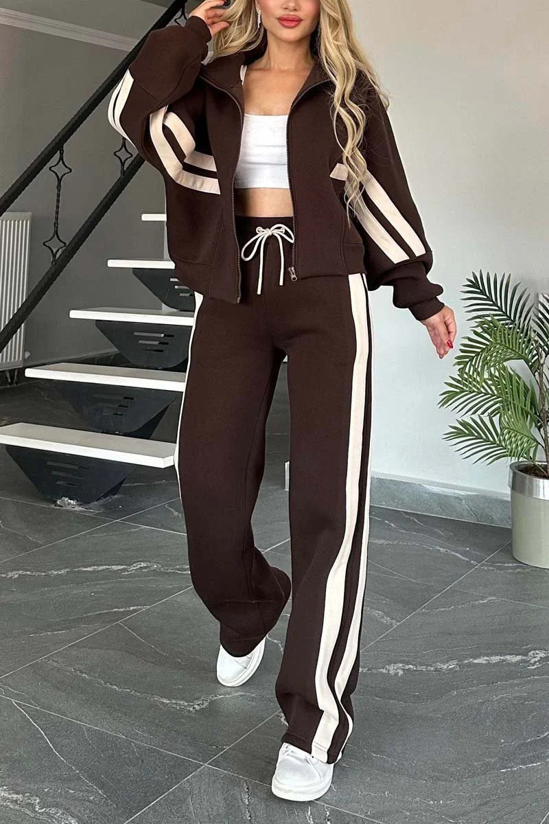 Women Two-Piece Sweat Set with Zipper Jacket and High-Waist Relaxed Jogging Pants Mune Fashion