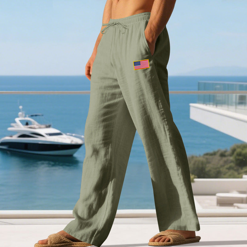 Men's Maritime Relaxed-Fit Linen-Look Casual Pants with Drawstring & Flag Patch Mune Fashion
