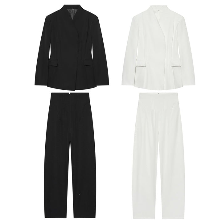 Women Tailored Collarless Blazer with Patch Pockets and Fine Dart Seam Mune Fashion