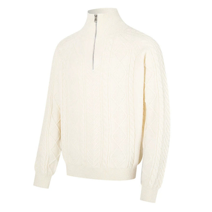 Women's Cable Knit Pullover with Short Zipper and Stand-Up Collar Mune Fashion