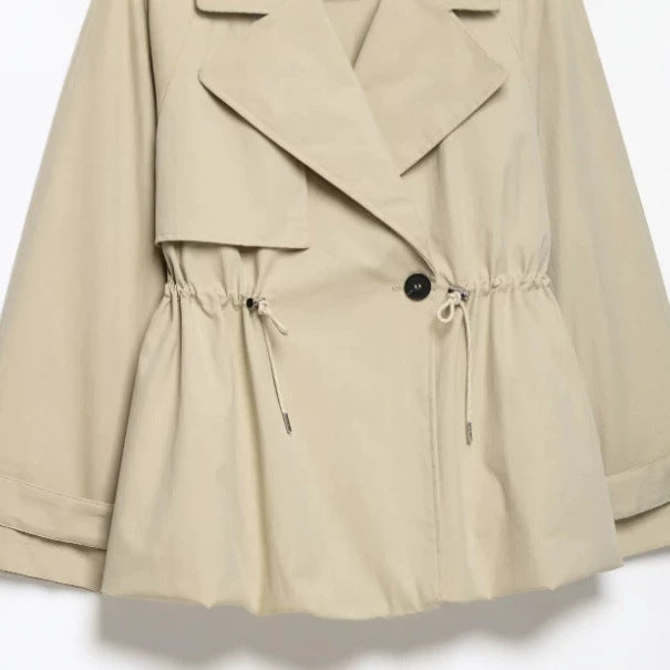 Women's Short Tailored Trench Jacket with Drawstring and Wide Lapel Mune Fashion