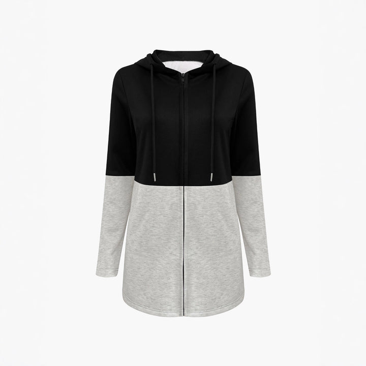 Women Longline Hooded Sweat Jacket with Color Block, Zip and Side Pockets Mune Fashion
