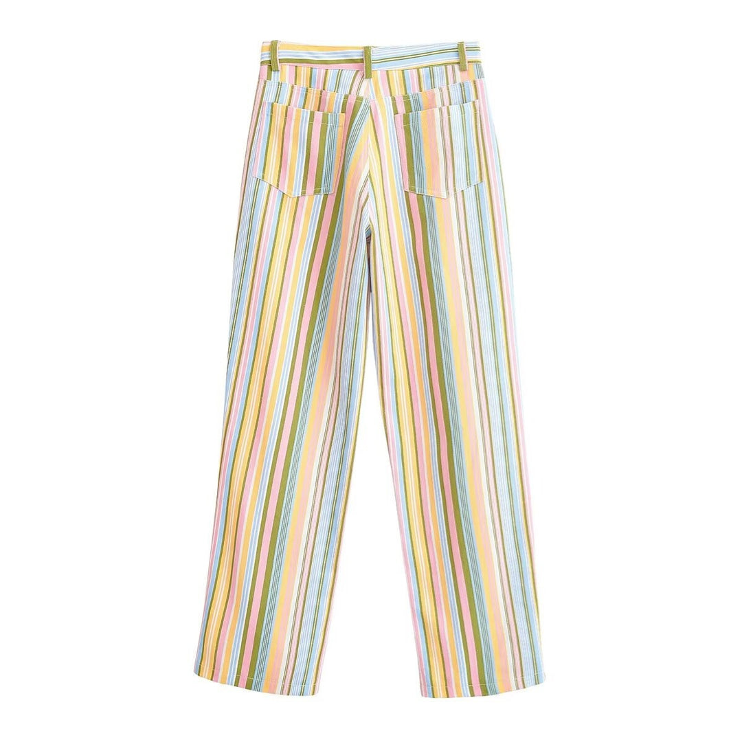 Women's Striped Palazzo Pants with Wide Leg, High Waist and Belt Loops Mune Fashion