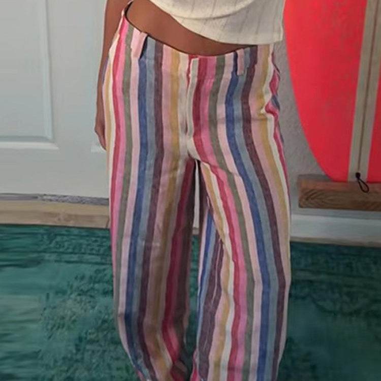 Women’s linen pants with wide leg, high waist & colorful striped pattern Mune Fashion