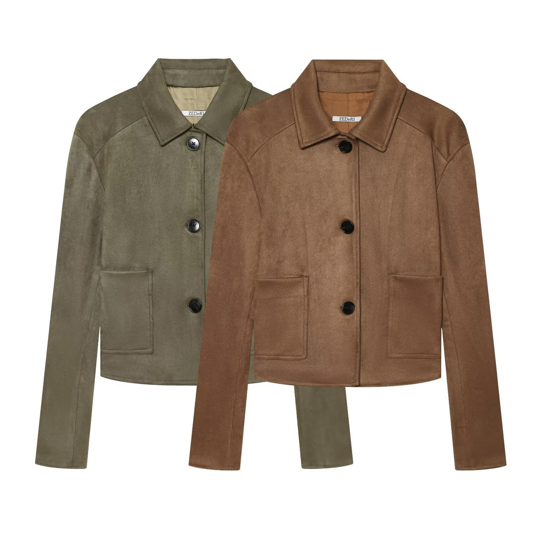 Ladies short-cut suede blazer with shirt collar and patch pockets Drune