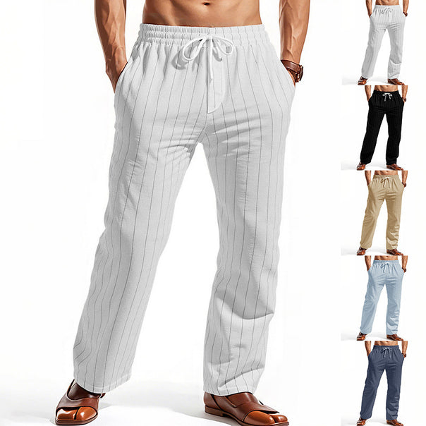 Men's Casual Pinstripe Leisure Pants with Elastic Drawstring Waist, Side Pockets, and Straight Leg Mune Fashion