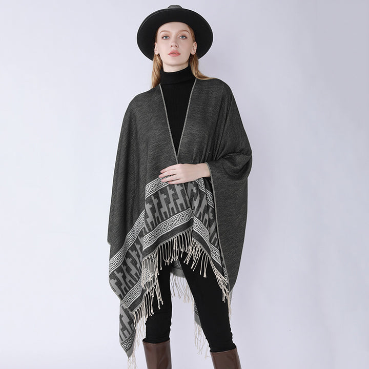 Ladies cape poncho made of fine wool blend with ornamental border edge and pointed hem Mune Fashion