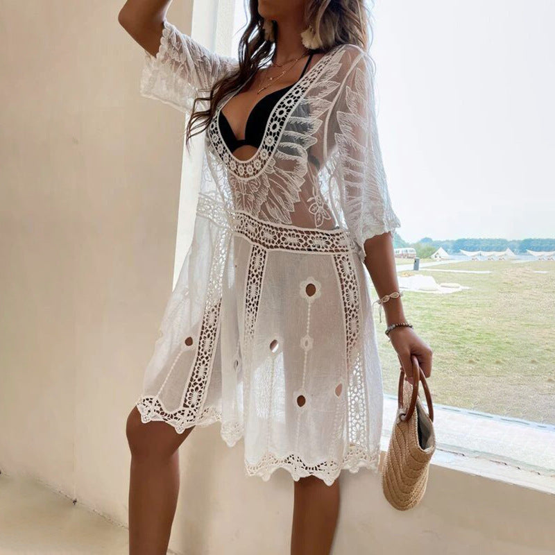 Women's crocheted beach cover-up with decorative cutouts Mune Fashion