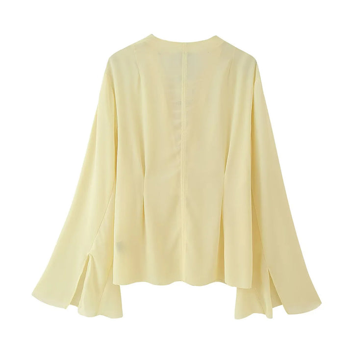 Women's feminine chiffon blouse with lacing V-neck and bell sleeves Mune Fashion