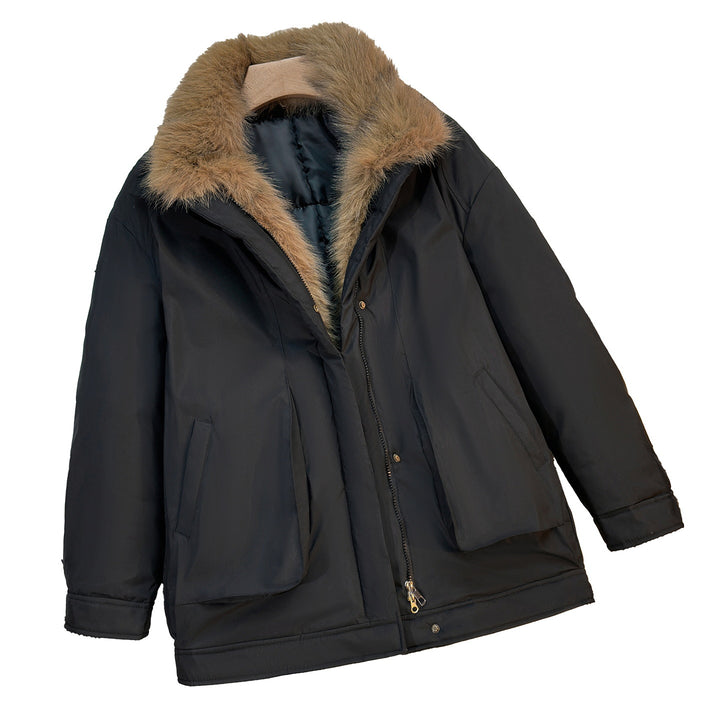 Women's mid-length windproof winter parka with detachable faux fur collar, padded inner flap and asymmetrical hem Mune Fashion
