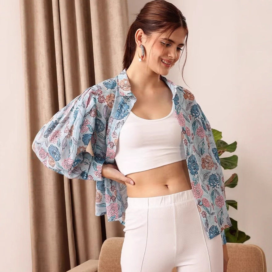 Women Light Chiffon Blouse with Floral Allover Print and Balloon Sleeves Drune