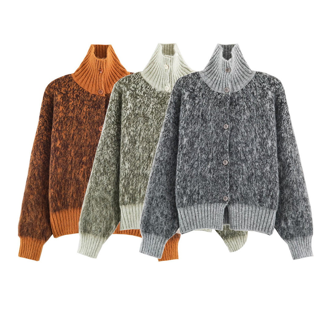 Women Oversized Cardigan made of plush material with high ribbed collar and button placket Mune Fashion