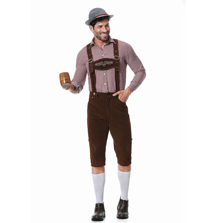 Men's short traditional leather trousers in suede look with embroidered bib and adjustable straps Mune Fashion
