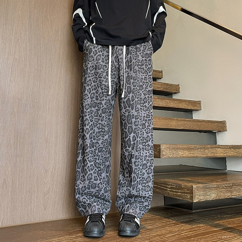 Men's Loose Fit Leopard Print Pants made of Lightweight Viscose Blend with Drawstring Mune Fashion