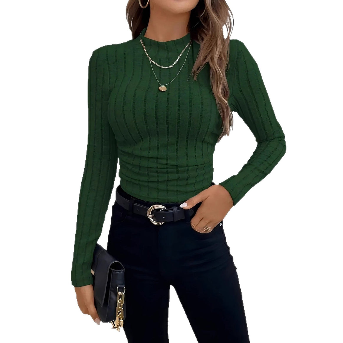 Ladies fitted ribbed long-sleeved shirt with stand-up collar and structure stripes Mune Fashion