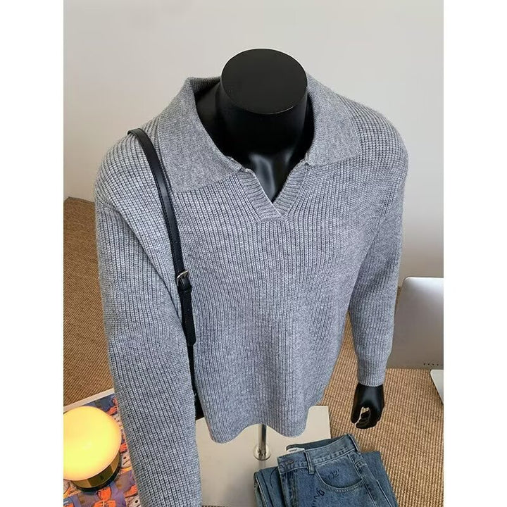 Men's Structured Knit Sweater with Polo Collar and V-Slit Mune Fashion