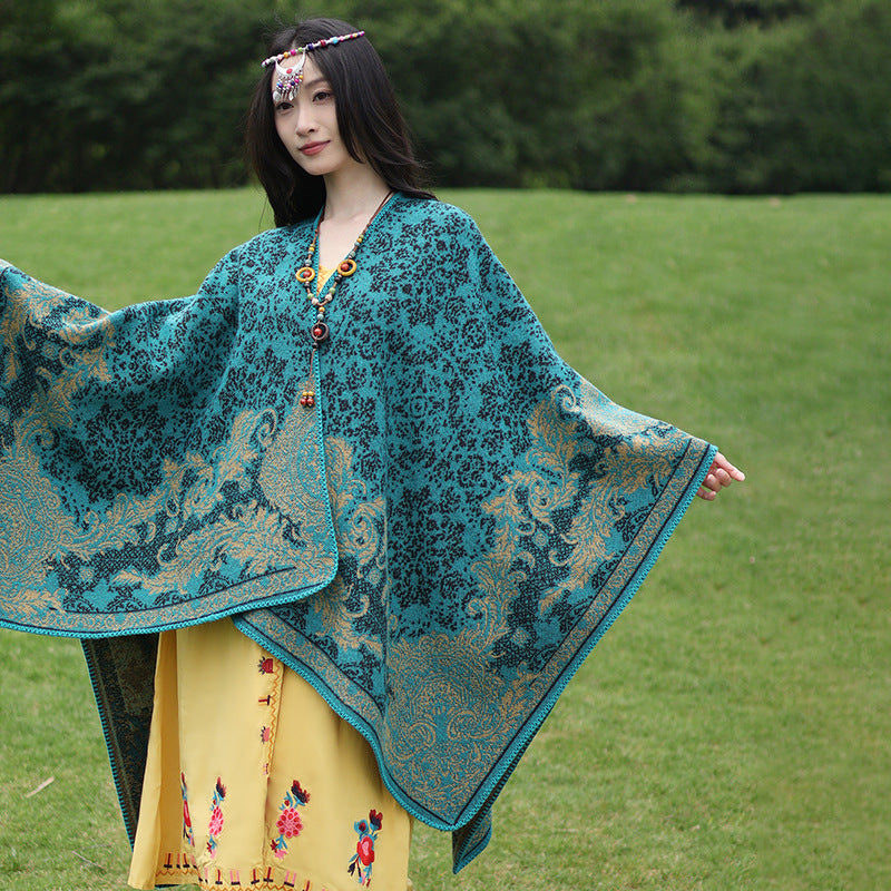 Women's Ornamental Jacquard Cape Poncho with Open Fall and Decorative Overlock Stitch Mune Fashion