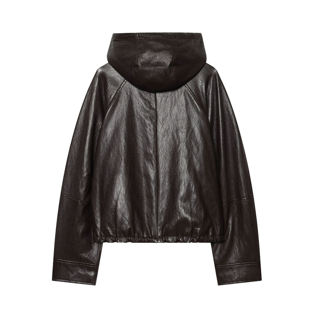 Women's short faux leather bomber jacket with hood, zipper and elastic hem Mune Fashion