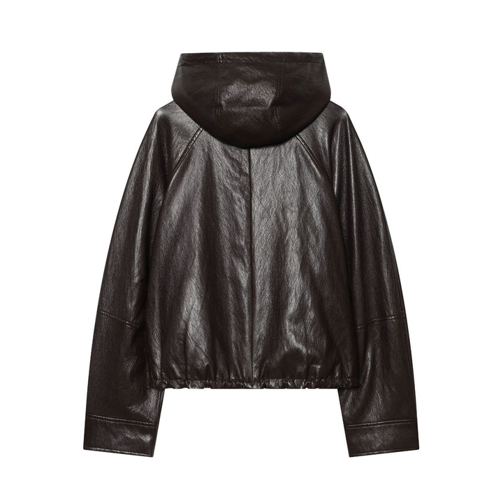 Women's short faux leather bomber jacket with hood, zipper and elastic hem Mune Fashion
