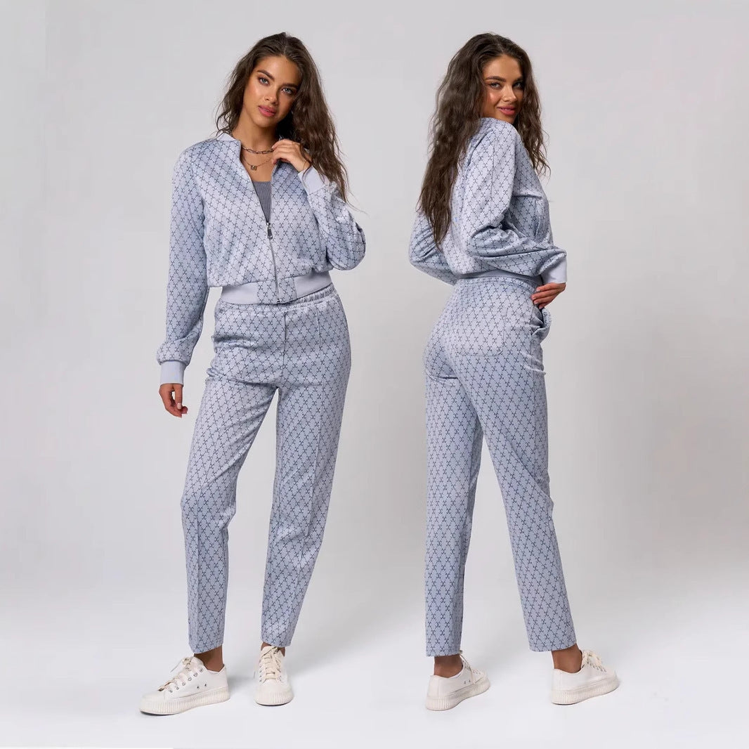 Women's jacquard lounge set with short bomber jacket and high-cut drawstring pants Mune Fashion
