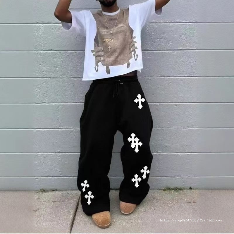 Men's Loose Sweatpants with Gothic Cross Print, Drawstring & Drop Crotch Mune Fashion