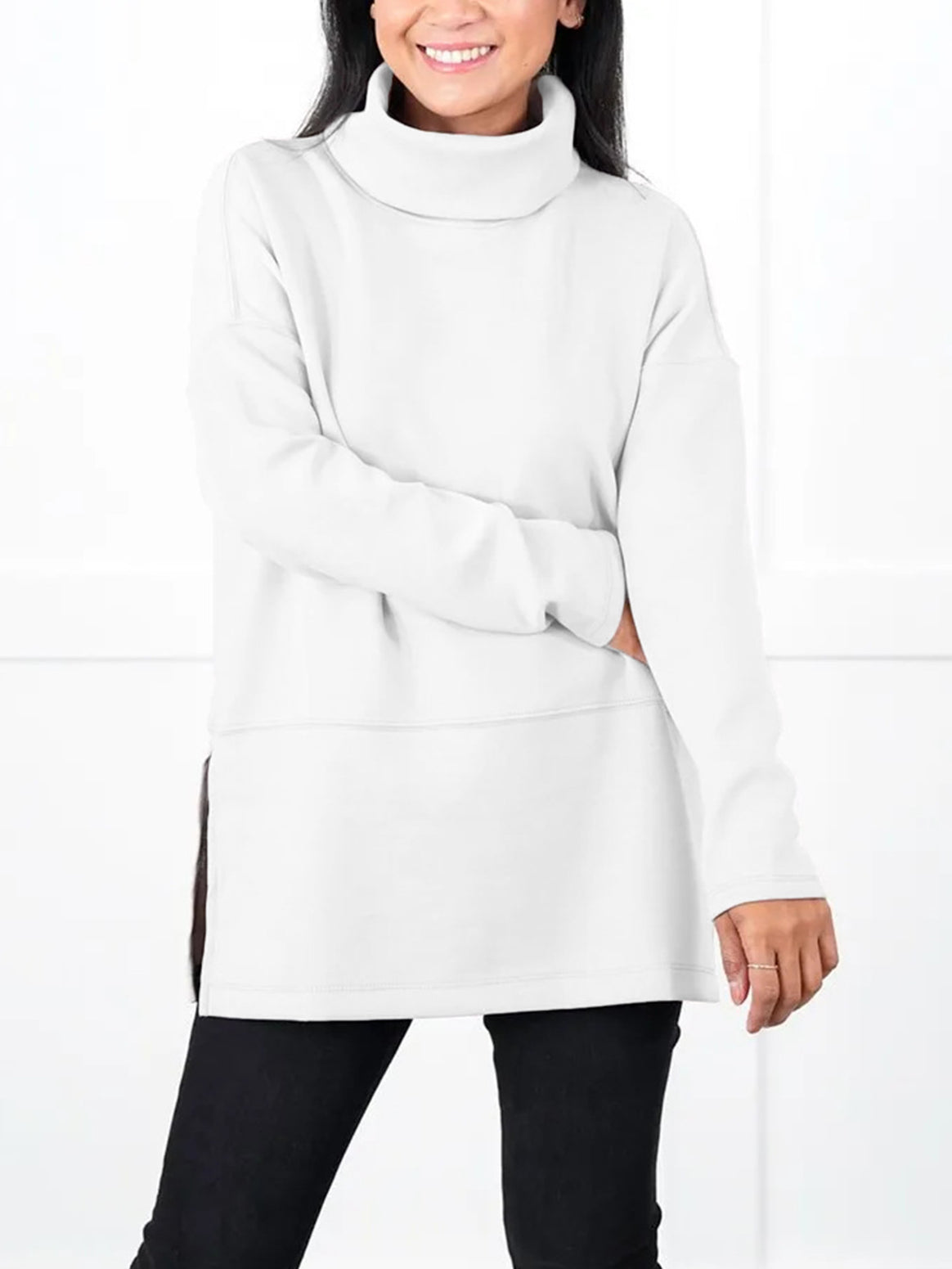 Women's Oversize Sweat Tunic with High Roll Neck, Side Slits and Extended Hem Mune Fashion