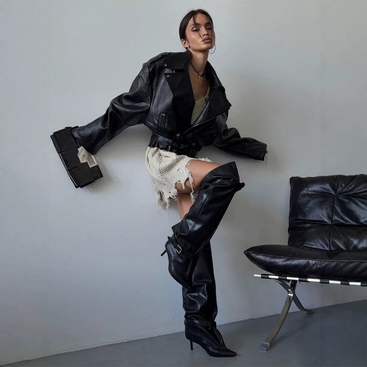 Women's Oversized Biker Jacket made of vegan leather imitation with waist belt & epaulettes Mune Fashion