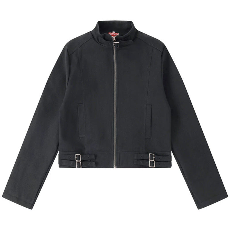 Women's Short Cut Cotton Utility Jacket with Stand-Up Collar Front Zip and Adjustable Waist Straps Mune Fashion
