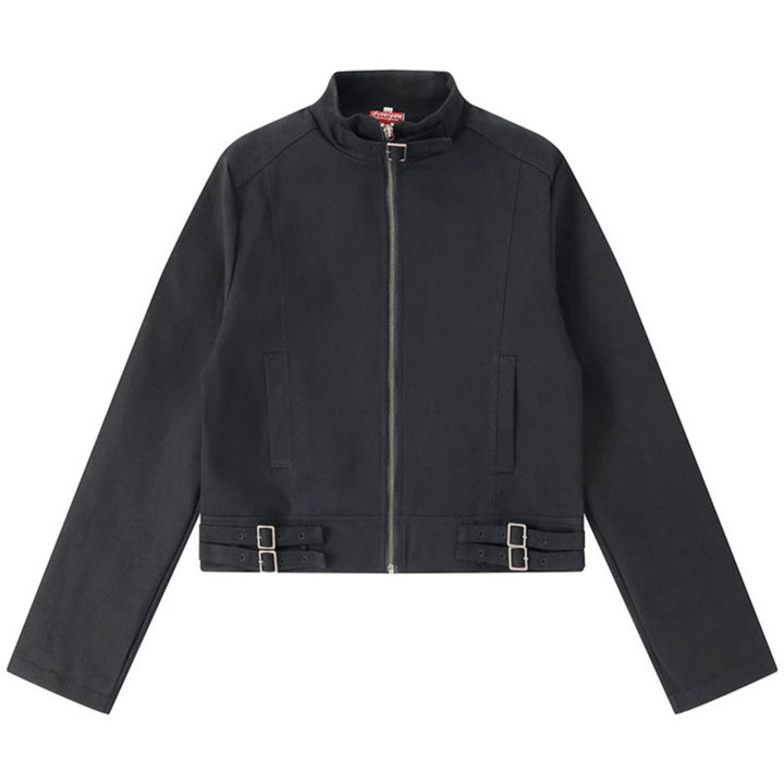 Women's Short Cut Cotton Utility Jacket with Stand-Up Collar Front Zip and Adjustable Waist Straps Mune Fashion