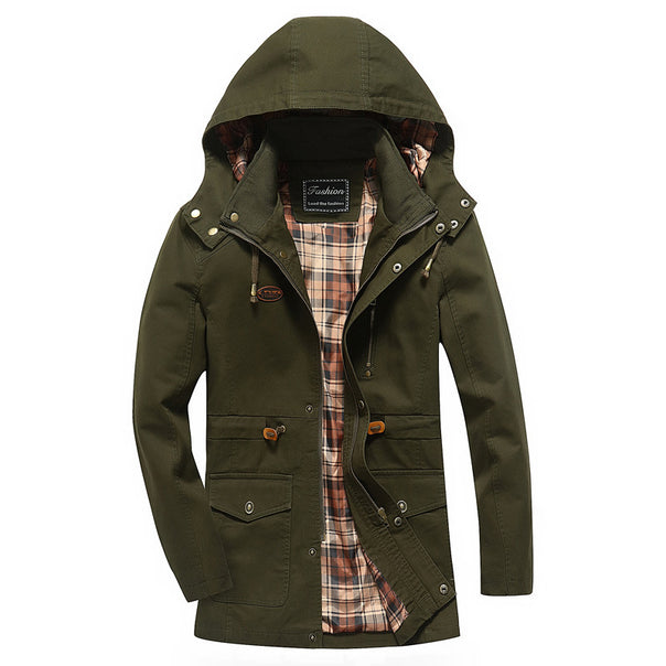 Men's canvas parka with hood, checkered lined interior and utility pockets Mune Fashion