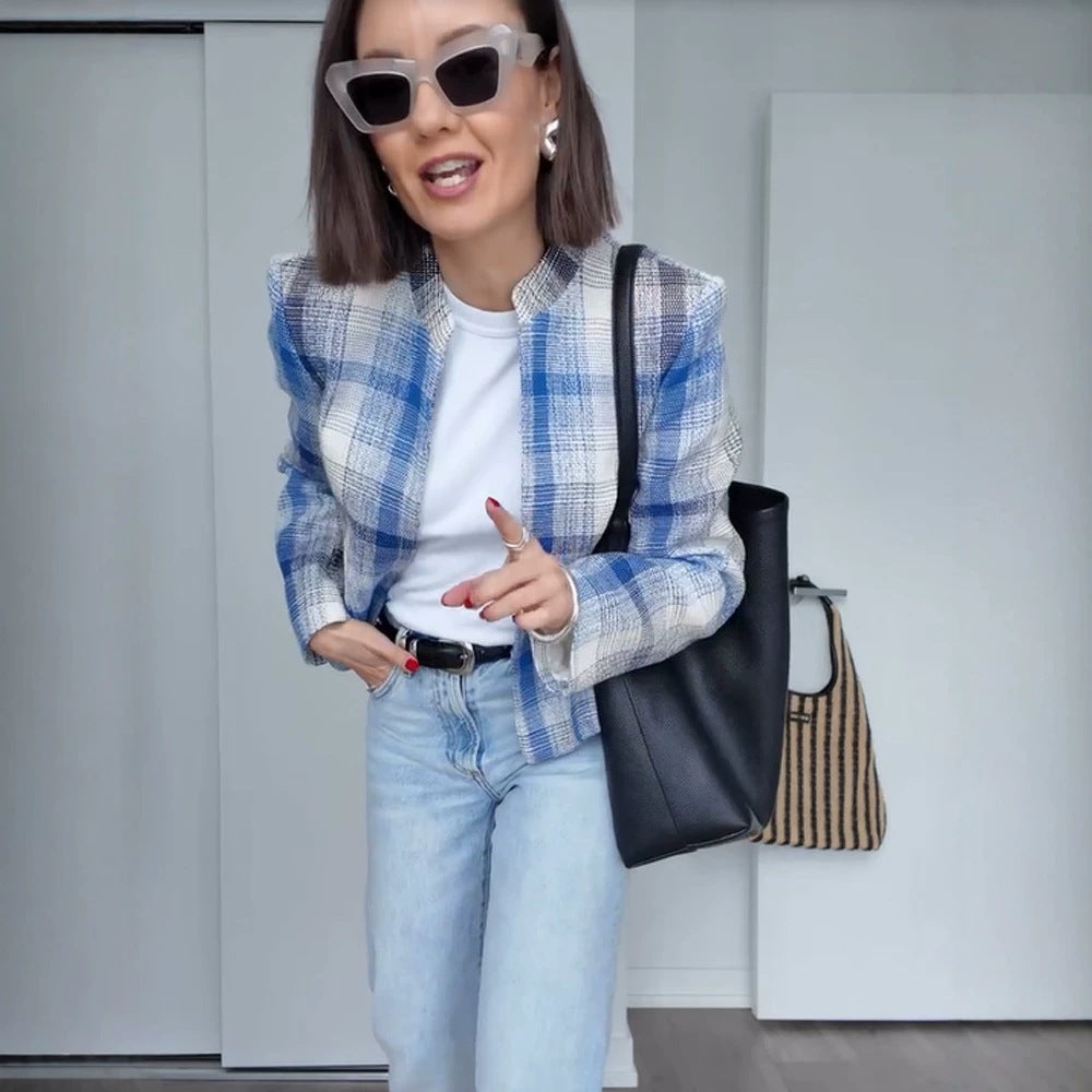 Women Boxy Checkered Short Blazer with Stand-Up Collar and Structured Shoulder Mune Fashion