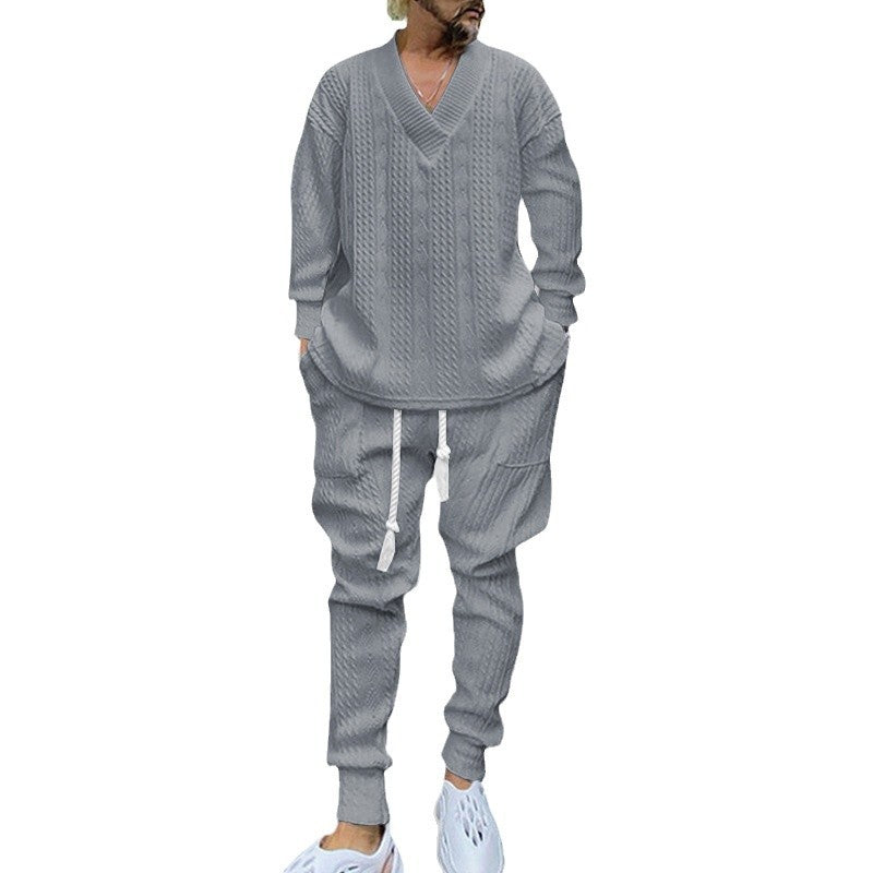Men's knitted lounge set with deep V-neck, drawstring joggers and ribbed cuffs Mune Fashion
