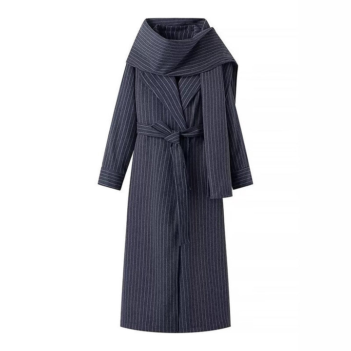 Women’s long coat with oversized shawl collar, belt at the waist and pinstripes Mune Fashion