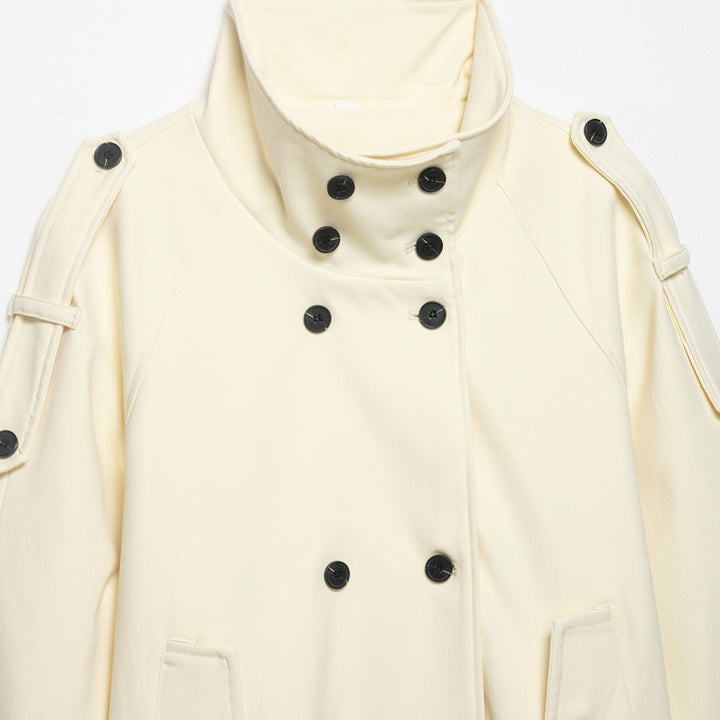 Women's Double-Breasted Trench Cape with Waist Belt and Stand-Up Collar Mune Fashion