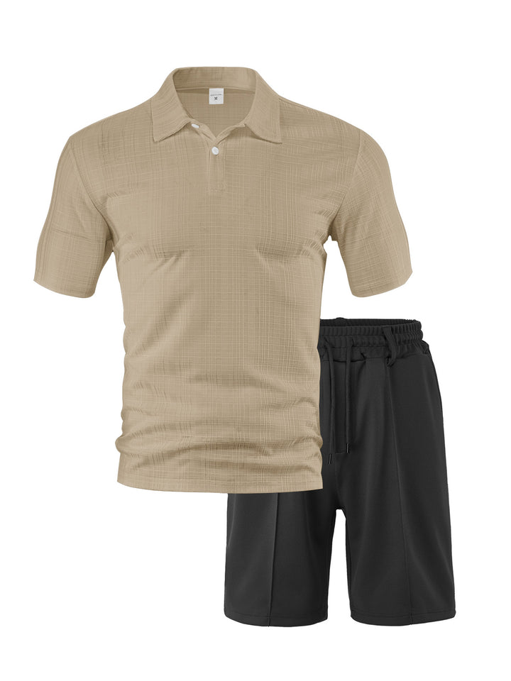 Men's two-piece summer travel set with textured short-sleeve polo shirt and functional mesh shorts Mune Fashion