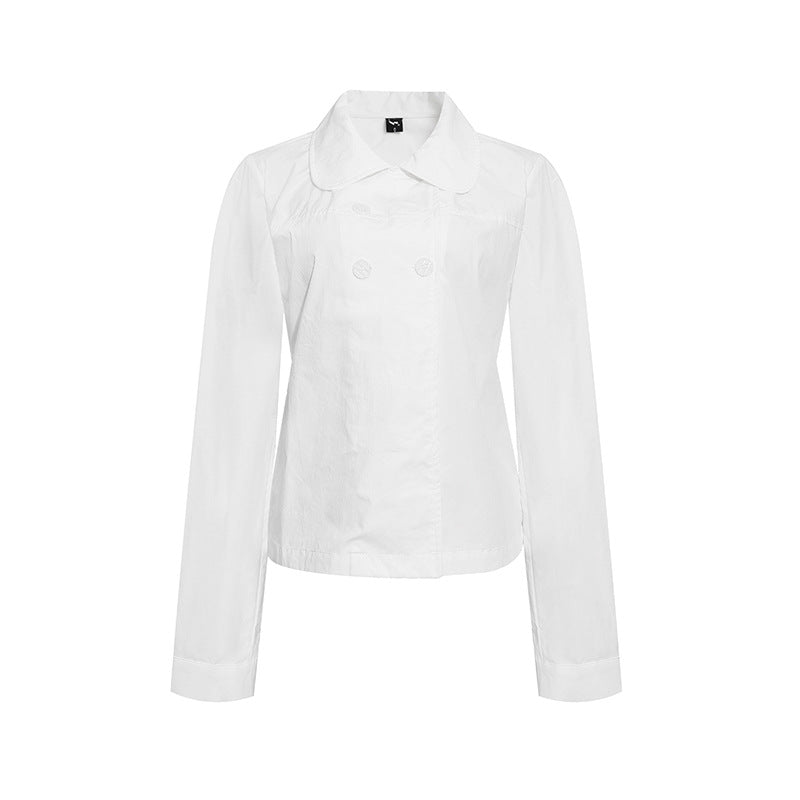 Women Tailored Lightweight Cotton Blouse Jacket with Round Collar and Double Button Row Mune Fashion