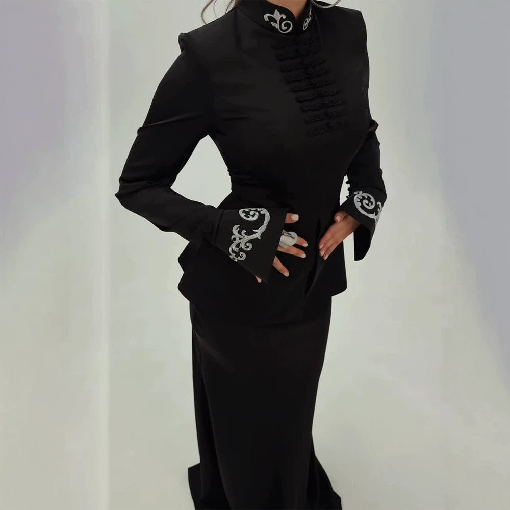 Women tailored satin jacket with mandarin collar, decorative cord closures and embroidered cuffs Mune Fashion