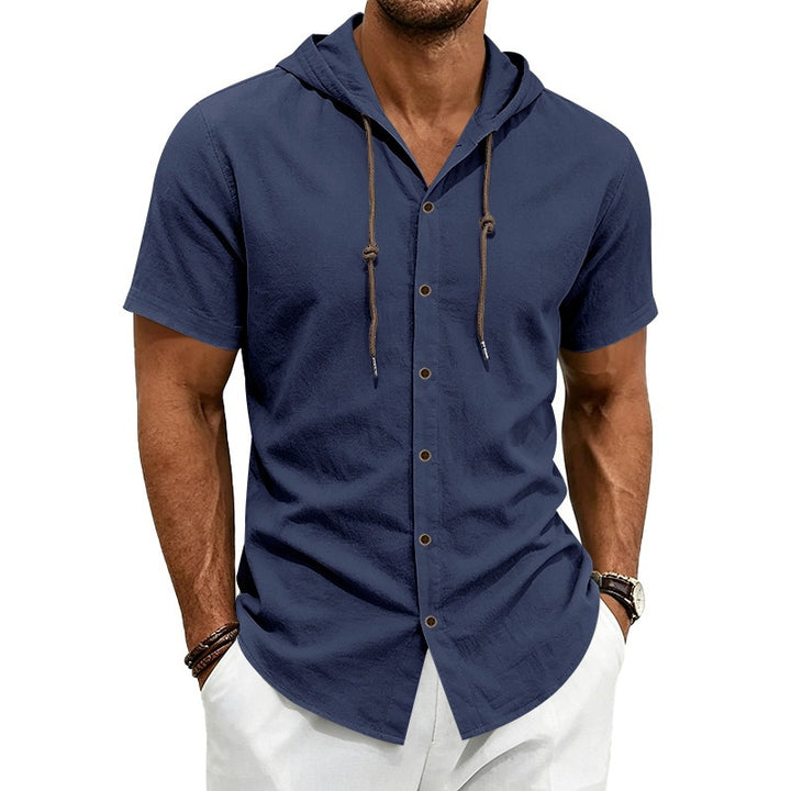 Men's short-sleeve hooded shirt in linen look with button placket and drawstring Mune Fashion