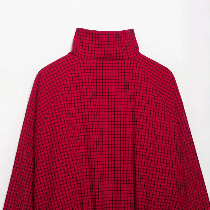 Women's Cropped Transition Jacket with High Funnel Collar, Check Pattern and Elastic Hem Mune Fashion